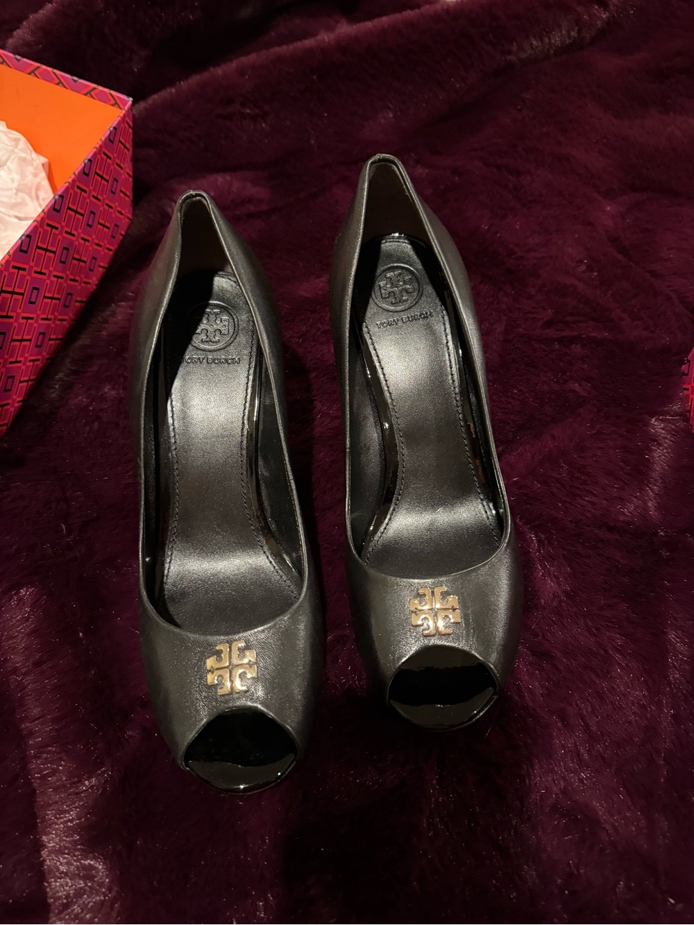 Tory Burch Black Peep-Toe Leather Heels with Gold Logo NWT